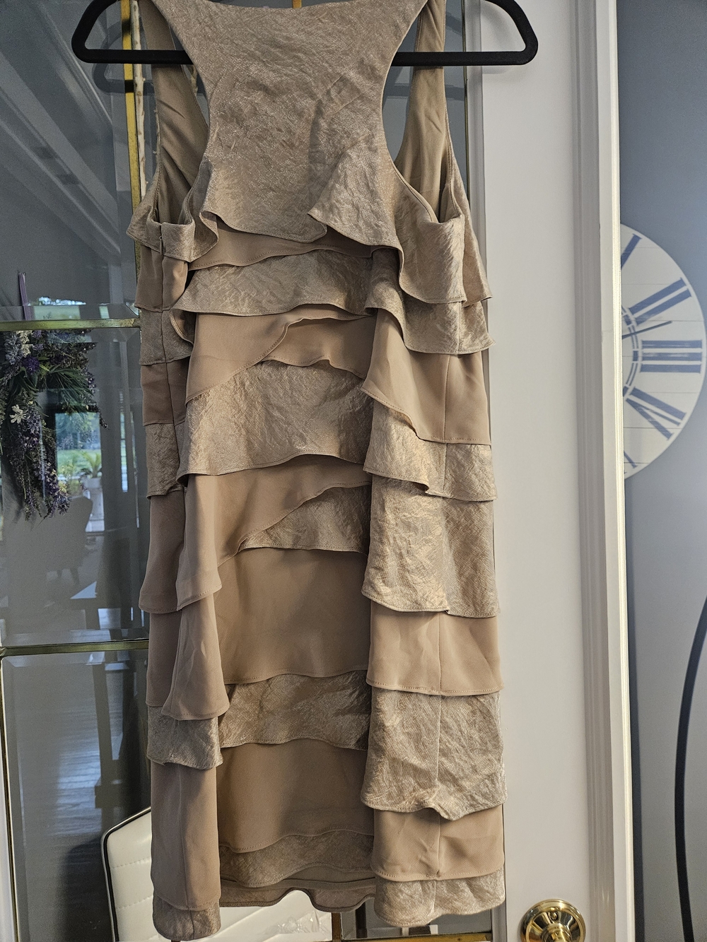 S.L. Fashions Taupe Ruffled Tiered Mini Dress
